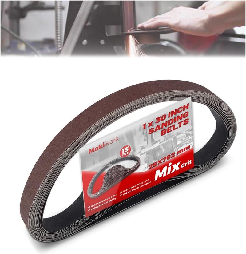 makiwork 1 x 30 Inch 25 x 762 mm Sanding Belts Set - 15-Pack with 80/120/150/240/400 Grits, Aluminum Oxide Abrasive Belts for Woodworking - Image 1